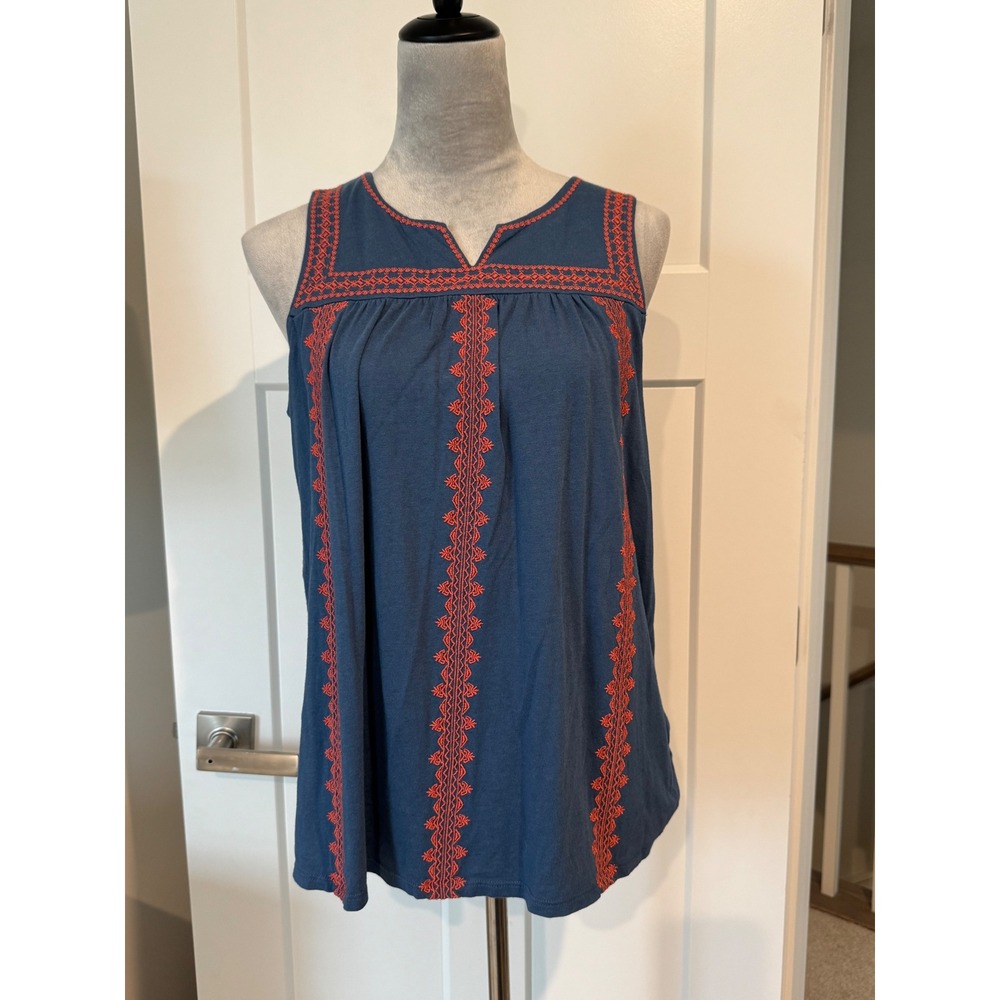 J. Jill Blue Embroidered Sleeveless Knit Top Split Neck Cotton Modal Small